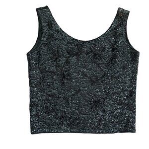 Vintage Black Sequin Beaded Sleeveless Top W/ Floral Design & Full-Back Zipper